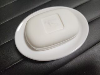 石鹼皿の上に乗せた牛乳石鹸。今回買ったのは大きめの品だったが無事乗った。石鹸に描かれた牛のエンボスが良い